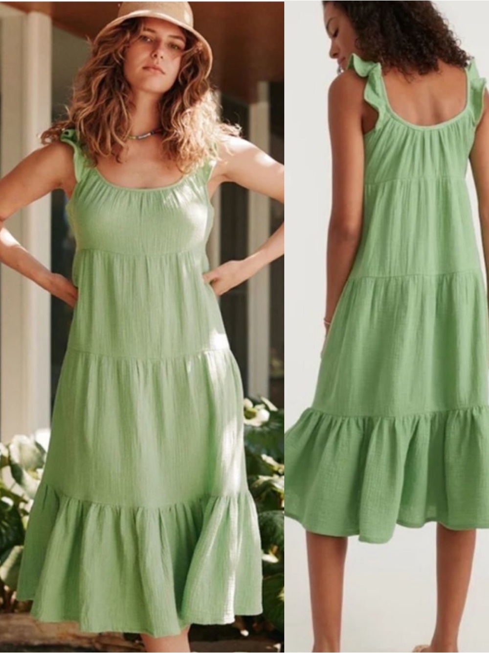 Marine Layer Jude Flutter Sleeve Midi Dress Jade Sheen Green